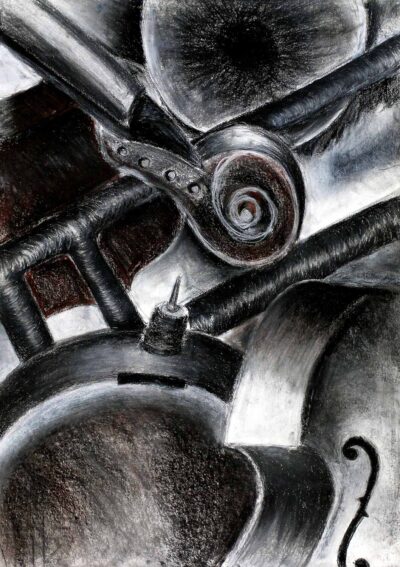 Charcoal and Pastel on Paper by Cecelia Liang, Year 11, Firbank Grammar School Student artwork of an up close musical instrument