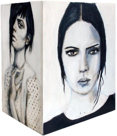 Acrylic on Wooden Box by Emilia Karaliannis, Year 11, Alphington Grammar Student artwork of different portraits