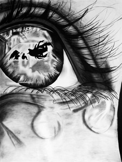 Acrylic on Canvas by Naadirah Yakub, Year 11, Alphington Grammar Student artwork of a scene reflected in an eye