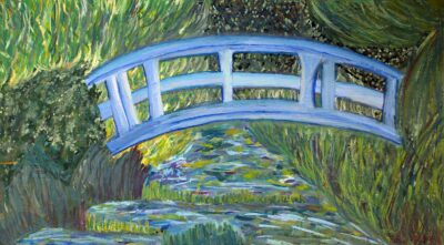 Acrylic on Wooden Lid by Emily Lambrou, Year 9, Alphington Grammar Student artwork of Monet's Giverny Bridge