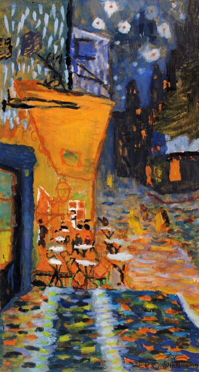 Acrylic on Wooden Lid by Eric Shen, Year 7, Alphington Grammar Student artwork of Van Gogh's Night Cafe