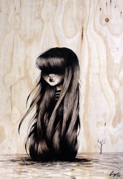 Acrylic and Ink on Plywood by Emily Jane Williamson, Year 11, Alphington Grammar Student artwork of a portrait of a girl