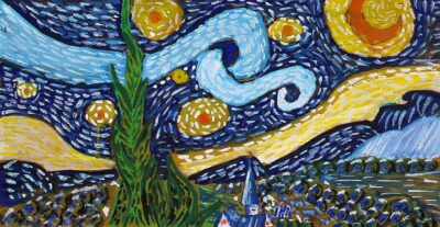 Acrylic on Wooden Lid by Philippos Baistanos, Year 9, Alphington Grammar Student artwork of Van Gogh's Starry Night
