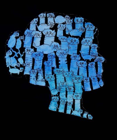 Mixed Media on Paper by Sidney Dent, Year 9, Bayview College Student artwork of head outline filled with cats