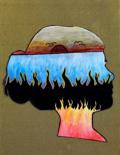 Mixed Media on Paper by Sarah Purcell, Year 7, Bayview College Student artwork of a head outline filled with landscapes