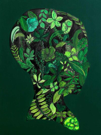 Acrylic on Canvas by Ella Punton, Year 11, Bayview College Student artwork of a head outlined filled with leaves