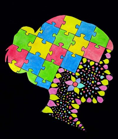 Mixed Media on Paper by Jaymi Trickey, Year 7, Bayview College Student artwork of a head outline with puzzle pieces and flowers