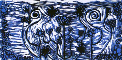 Print on Paper by Lucy Roberts, Year 8, Fintona Girls’ School Student artwork of an abstract blue landscape