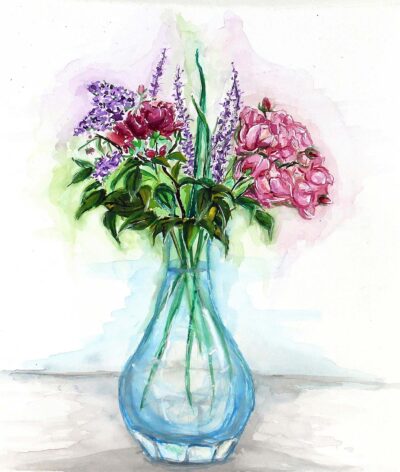 Gouache on Paper by Sarah Ho, Year 10, Fintona Girls’ School Student artwork of a vase of flowers