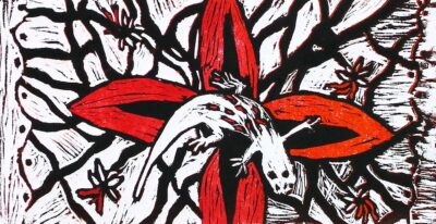 Lino Cut Print on Paper by Vania Kianmehr, Year 8, Fintona Girls’ School Student artwork of a lizard and red flower