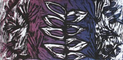 Lino Cut Print on Paper by April Wainer, Year 7, Fintona Girls’ School Student artwork of an abstract purple and blue landscape