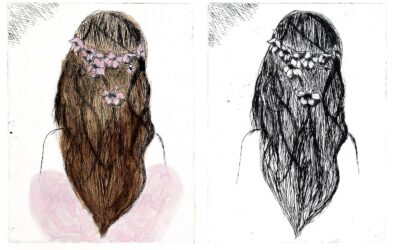 Student artwork of braided hair with flowers