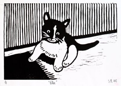 Lino Cut Print on Paper by Sophia Mason, Year 9, Highview College Student artwork of a cat