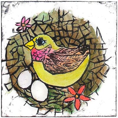 Watercolour and Etching on Paper by Sean Hermann, Year 10, Highview College Student artwork of a bird and nest