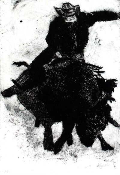 Print on Paper by Heath Beavis, Year 10, Highview College Student artwork of bull rider