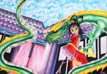 Mixed Media on Paper by Janice Wong, Year 10, Huntingtower Student artwork of girl with dragon