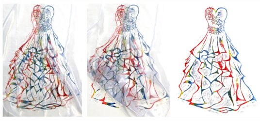 Lino Cut Print on Mixed Media by Nina Stanic, Year 12, Huntingtower Student artwork of wedding dresses