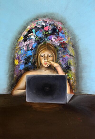 Oil on Canvas by Alex Rafail, Year 10, Huntingtower Student artwork of a girl sitting at a laptop