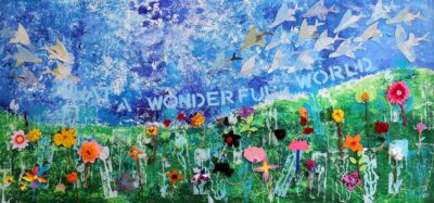 Acrylic and Mixed Media on Board, a group project by Year 4 students from Huntingtower Student artwork of a meadow