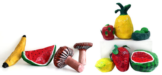 Papier Mache and Acrylic Paint, a group project by Year 7 students, Kilvington Grammar School Student artwork of papier mache fruit and vegetables