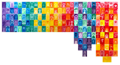 Acrylic on Canvas Panels, a group project by Prep to Year 6 students, Kilvington Grammar School Student artwork of a collection of self portraits