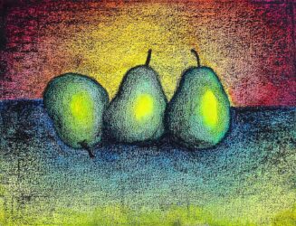 Oil Pastel and Watercolour on Canvas by Ellie Owen, Year 7, Kilvington Grammar School Student artwork of 3 pears