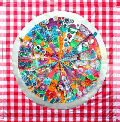 Mixed Media on Board, a group project by ELC students, Kilvington Grammar School Student artwork of a pizza