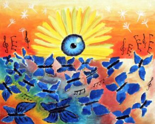 Acrylic on Canvas Panel by Sarah Godfrey, Year 8, Kilvington Grammar School Student artwork of sunset sunflower with butterflies and an eye