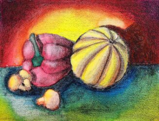 Oil Pastel and Watercolour on Canvas by Jesse Thompson, Year 7, Kilvington Grammar School Student artwork of still life with vegetables