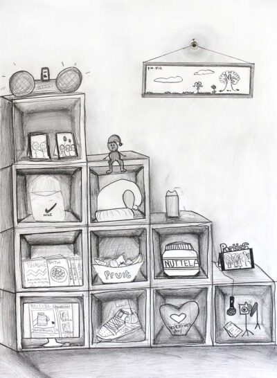 Pencil on Paper by Eden Filikotzias, Year 9, Mentone Grammar Student artwork of personal belongings on shelves
