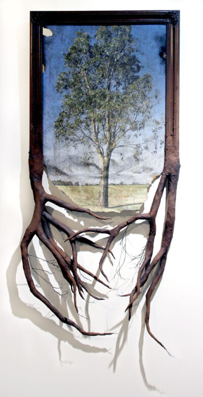 Mixed Media on Canvas by Tiana Storti, Year 11, Mentone Grammar Student artwork of tree in a tree root frame