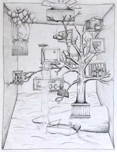 Pencil on Paper by Harry Kingston, Year 9, Mentone Grammar Student artwork of shelves on a tree