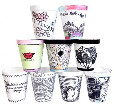Pen and Ink on Polystyrene Cups a group project by Year 7 students, Northside Christian College Student artwork of decorated take away cups