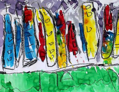 Food Dye and Wax Crayon on Paper by Rory Hutchinson, Prep, Northside Christian College Student artwork of a cityscape