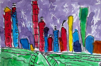 Food Dye and Wax Crayon on Paper by Nathan Callado, Prep, Northside Christian College Student artwork of a cityscape