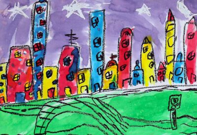 Food Dye and Wax Crayon on Paper by Mikayla Antwan, Prep, Northside Christian College Student artwork of a cityscape