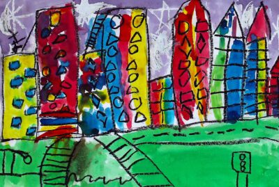 Food Dye and Wax Crayon on Paper by Elaine Chen, Prep, Northside Christian College Student artwork of a cityscape