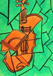 Oil Pastel on Paper by Patrick Nachar, Year 9, Kilvington Grammar School Student artwork of a cubist style violin