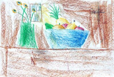 Wax Crayon on Paper by Max Parlitt, Class 5, Sophia Mundi Steiner School Student artwork of fruit bowl still life