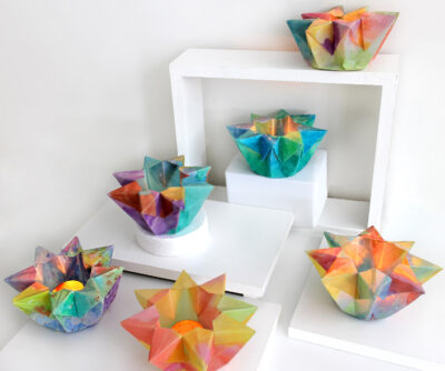 Watercolour on Waxed Paper a group project by Class 6 students, Sophia Mundi Steiner School Student artwork of origami lanterns