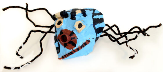 Acrylic on Papier Mache by Tong Zhou, Year 8, Trinity Lutheran College Student artwork of a blue mask