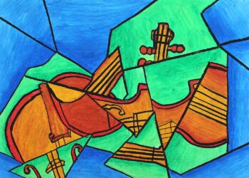 Oil Pastel on Paper by Marianna Polyzos, Year 9, Kilvington Grammar School Student artwork of a cubist style violin