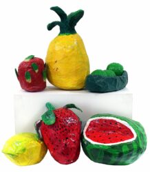 Papier Mache and Acrylic Paint, a group project by Year 7 students, Kilvington Grammar School Student artwork of papier mache fruit and vegetables