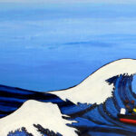Acrylic and mixed media on board, Maggie Dick, Year 10, Toorak College Student artwork of a giant wave with a boat