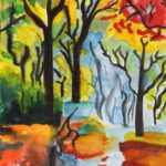 Watercolour on paper by Maleka Syeda, Year 8, Sirius College Student artwork of an autumn stream