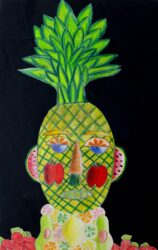 Coloured pencil on paper by Amelia Charleston, Year 7, Christian College Geelong Student artwork of portrait made from fruit