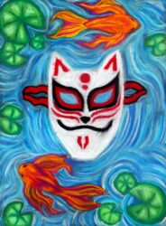 Pastel on paper by Lily Keam, Year 9, Trinity Lutheran College Student artwork of a mask floating in water with fish