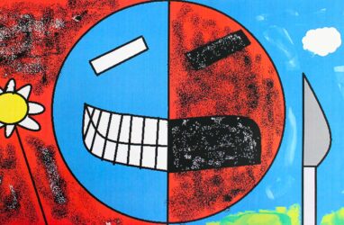 Mixed media on paper by Bond Denny-Doctolero, Year 7, Macedon Grammar School Student artwork of a face split in good and evil