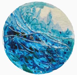 Mixed medium on canvas, a group project by Year 9 students from Firbank Grammar School Student artwork of abstract jellyfish