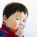 Oil on canvas by Siran Gao, Year 11, Caulfield Grammar School Student artwork of a young boy eating